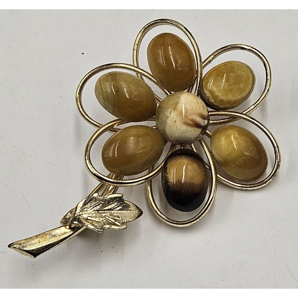 Vintage Swoboda Gold Tone Floral Brooch Pin Agate  Brown Cabochon Petals & Leaf